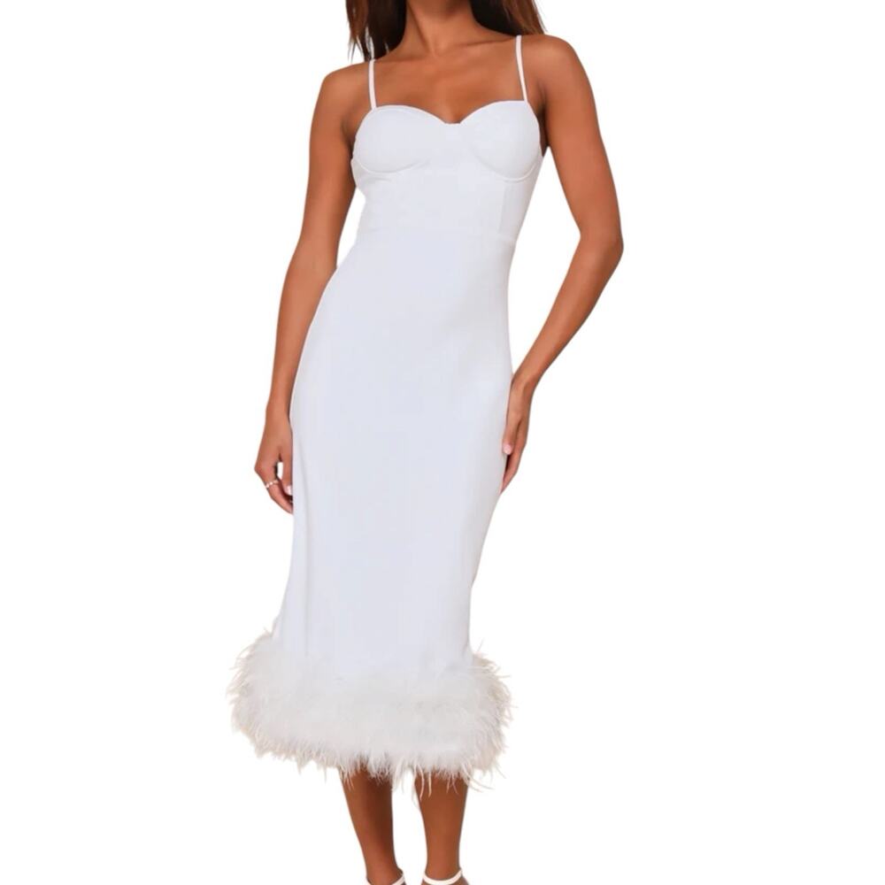 NWT Lulus Passion for Glamour White Sleeveless Bustier Feather Midi Dress Small